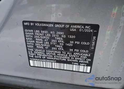 2024 Volkswagen Atlas 2.0T Se W/Technology из США, поврежденный, VIN 1V2KR2CA4RC553937